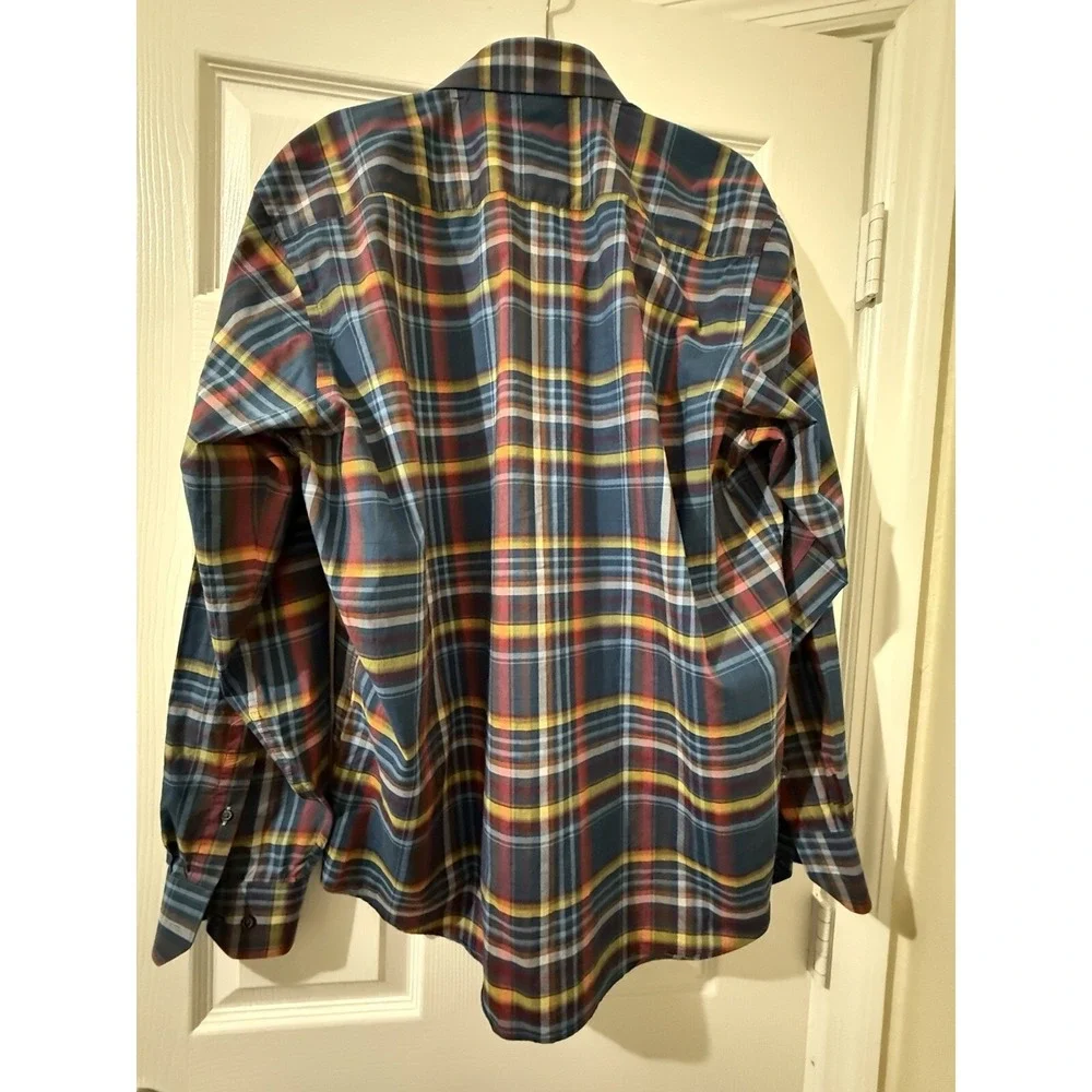 Bugatchi Shirt 2XL Blue Plaid Flip Cuff Button Up Long Sleeve Classic Fit Mens - Picture 5 of 7